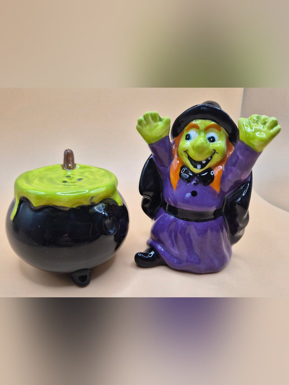 Witch and Cauldron Salt and Pepper Shakers Halloween Decor.